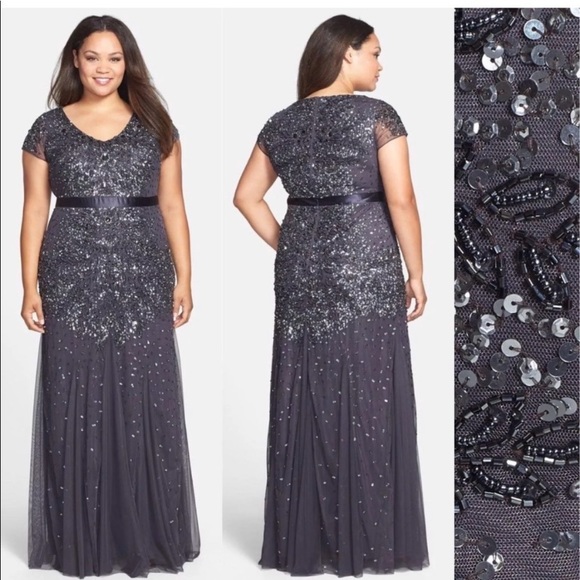 Adrianna Papell Dresses & Skirts - Adrianna papell Gunmetal grey sequin& beaded cap sleeves Long Dress